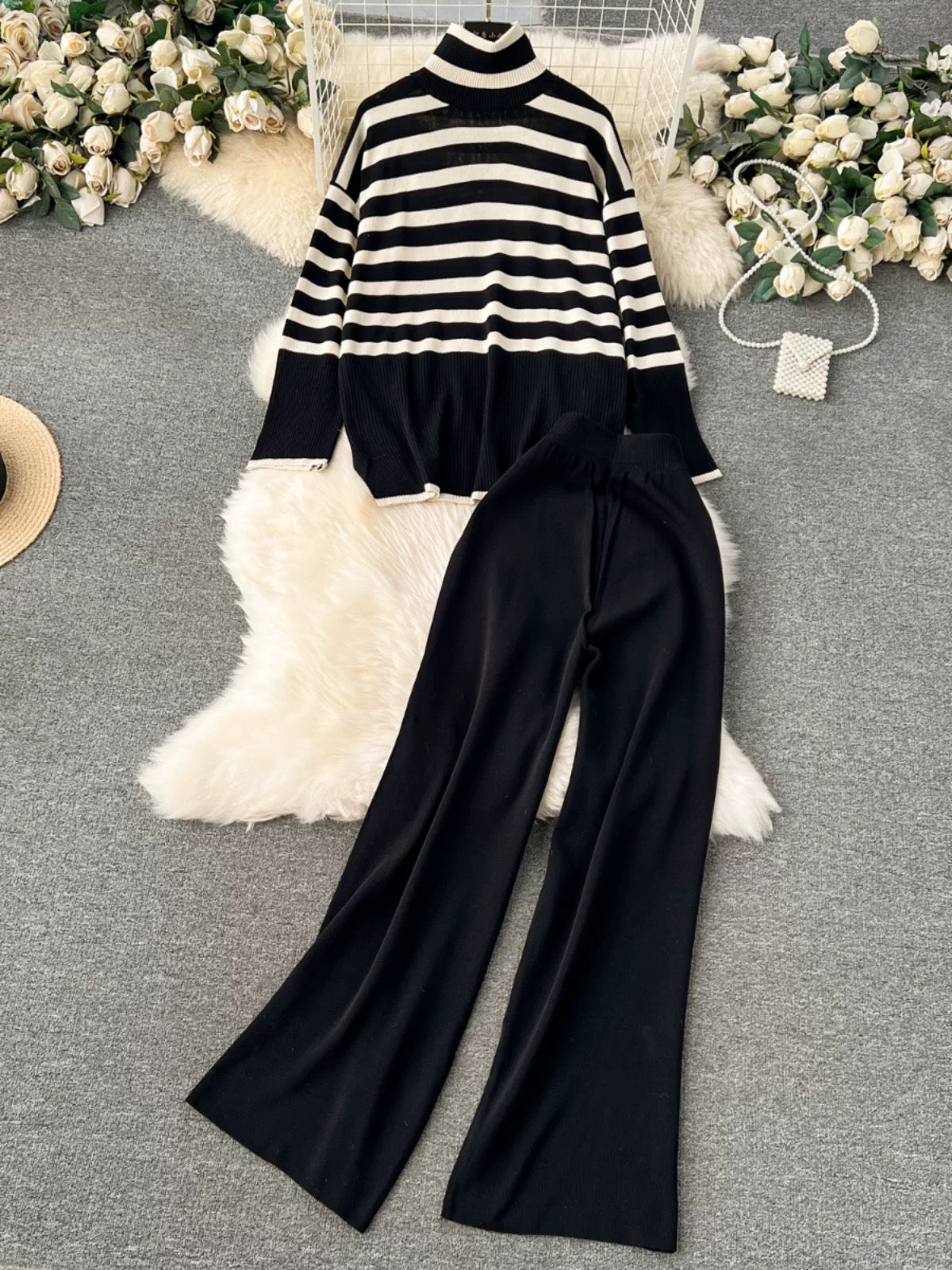 Lazy winter wear with a complete set of retro striped knitted turtleneck tops and versatile wide-leg pants fashionable two-piece suits