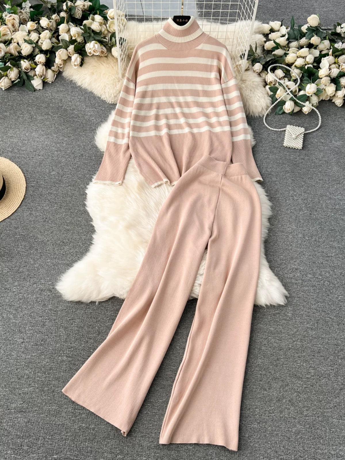 Lazy winter wear with a complete set of retro striped knitted turtleneck tops and versatile wide-leg pants fashionable two-piece suits