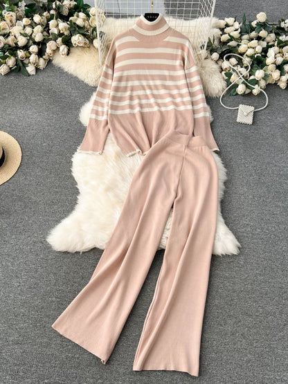 Lazy winter wear with a complete set of retro striped knitted turtleneck tops and versatile wide-leg pants fashionable two-piece suits