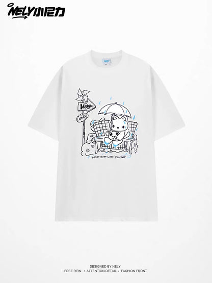 Loose-fit, versatile, and fresh-style short-sleeve T-shirt featuring a unique line-art print of a cat holding an umbrella; a casual crew-neck top perfect for students.