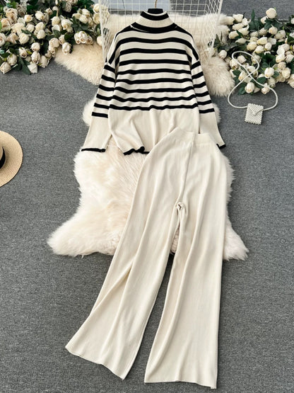 Lazy winter wear with a complete set of retro striped knitted turtleneck tops and versatile wide-leg pants fashionable two-piece suits