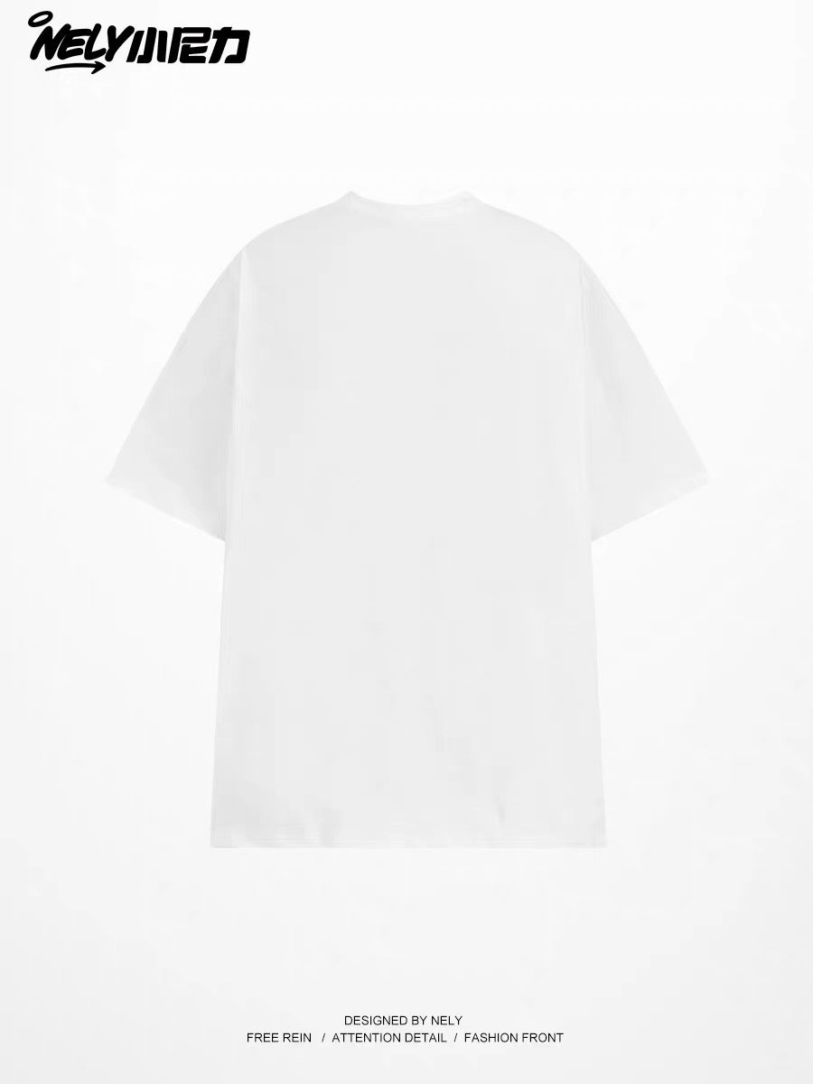 Loose-fit, versatile, and fresh-style short-sleeve T-shirt featuring a unique line-art print of a cat holding an umbrella; a casual crew-neck top perfect for students.
