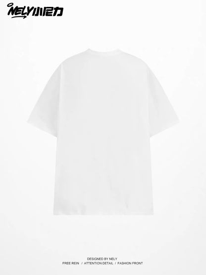 Loose-fit, versatile, and fresh-style short-sleeve T-shirt featuring a unique line-art print of a cat holding an umbrella; a casual crew-neck top perfect for students.