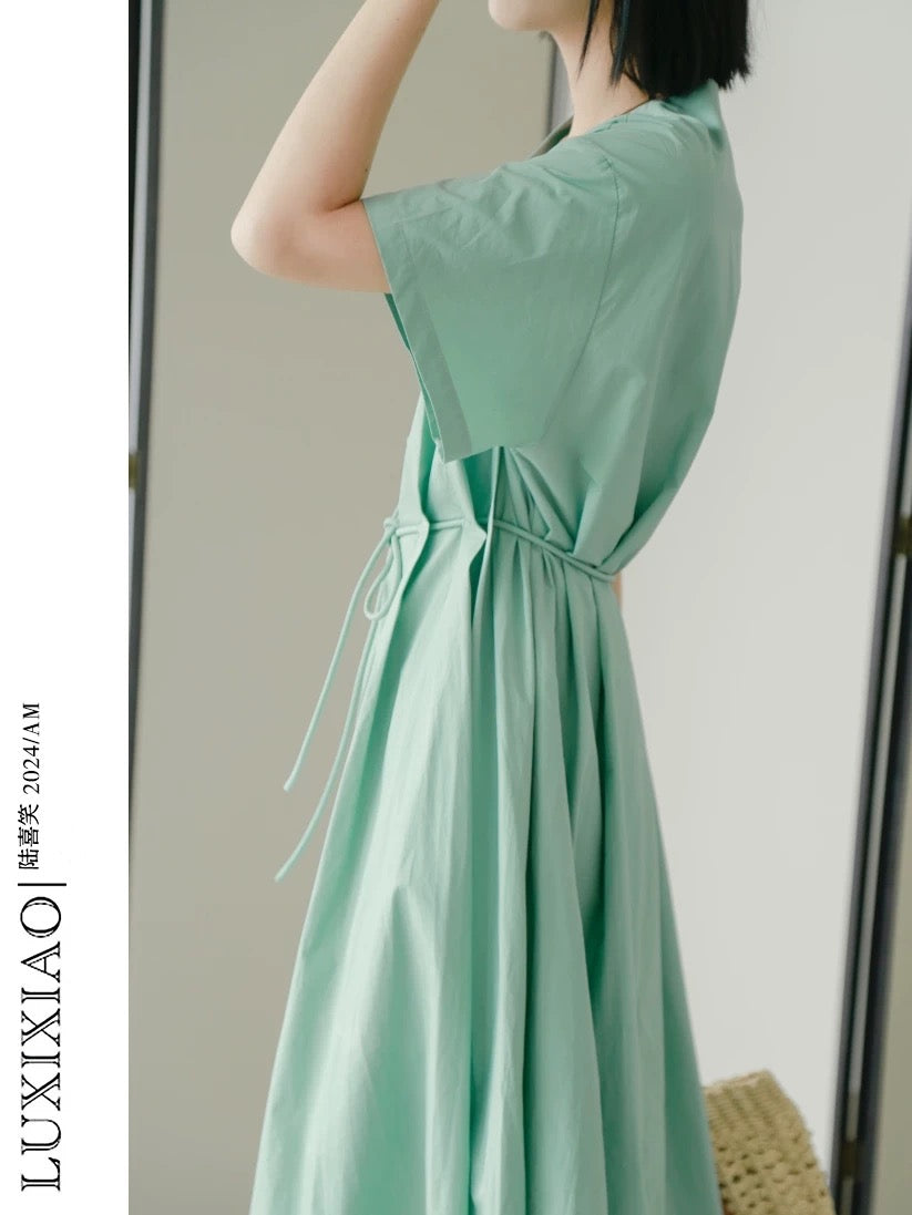 LUXIXIAO dress 2025 new loose short-sleeved pleated drawstring design Korean version V-neck shirt dress female