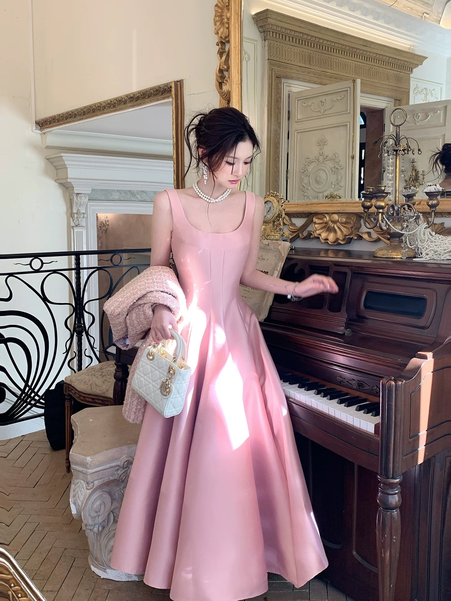 Good Job: [Winter Waltz] French Pink Spaghetti Strap Dress, Square Neck A-line Skirt, Birthday Dress