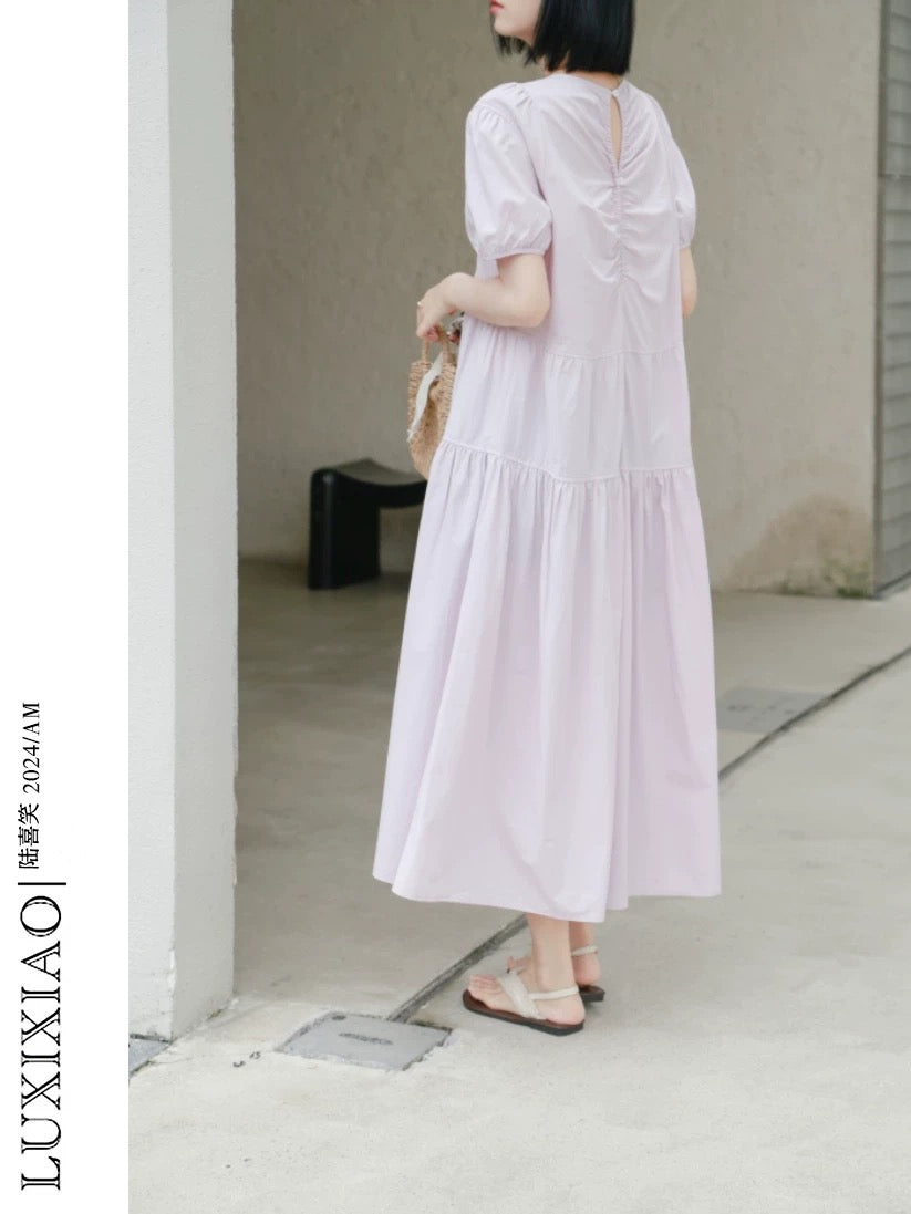 LUXIXIAO dress 2025 new loose slim puff sleeve backless design Korean round neck long dress for women