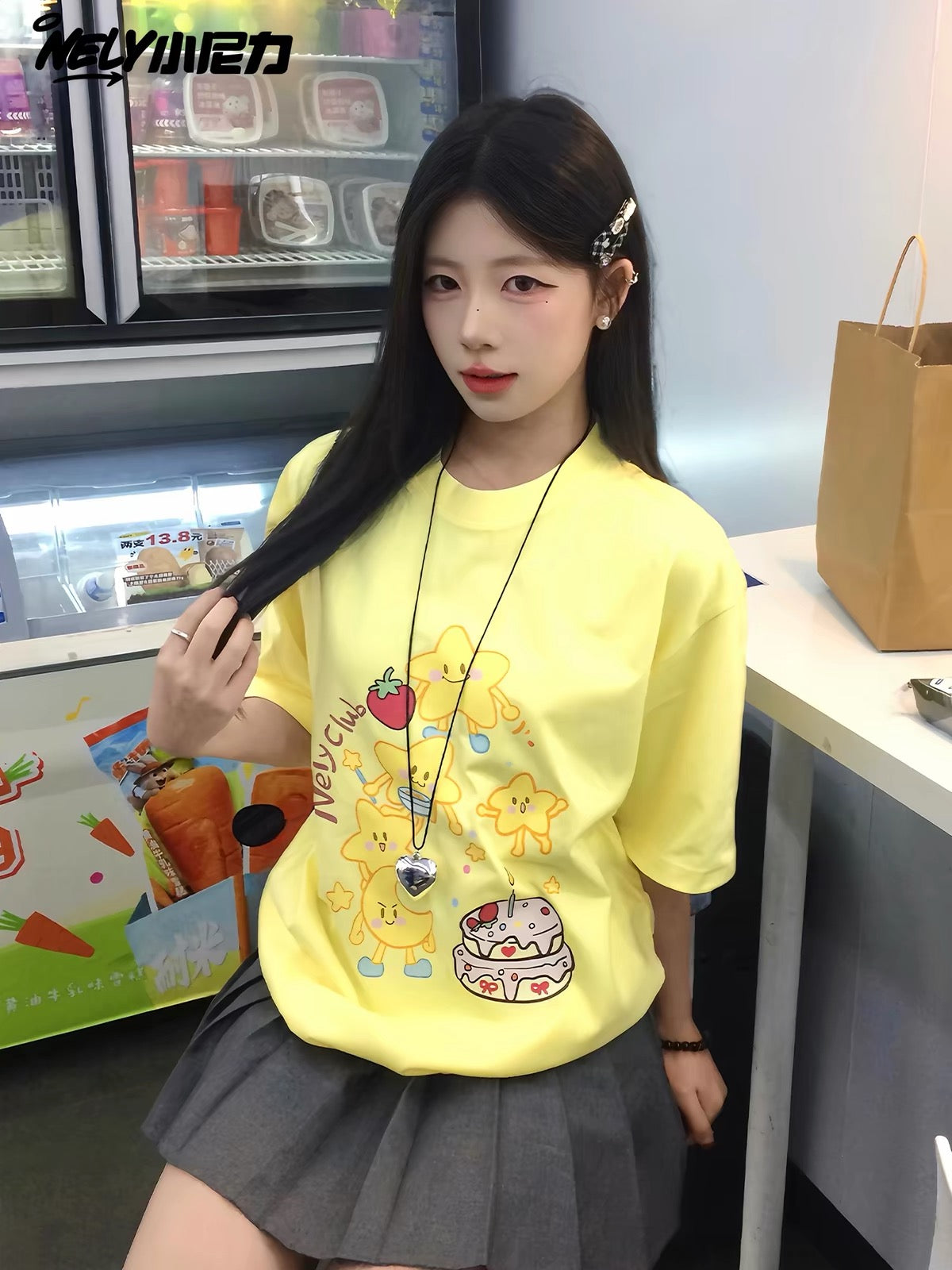 Women's Summer Loose-Fit Short-Sleeve T-Shirt – Sweet Japanese Style with Cartoon Print (Star Cake) – Cute, Girlish Aesthetic