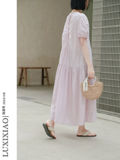 LUXIXIAO dress 2025 new loose slim puff sleeve backless design Korean round neck long dress for women