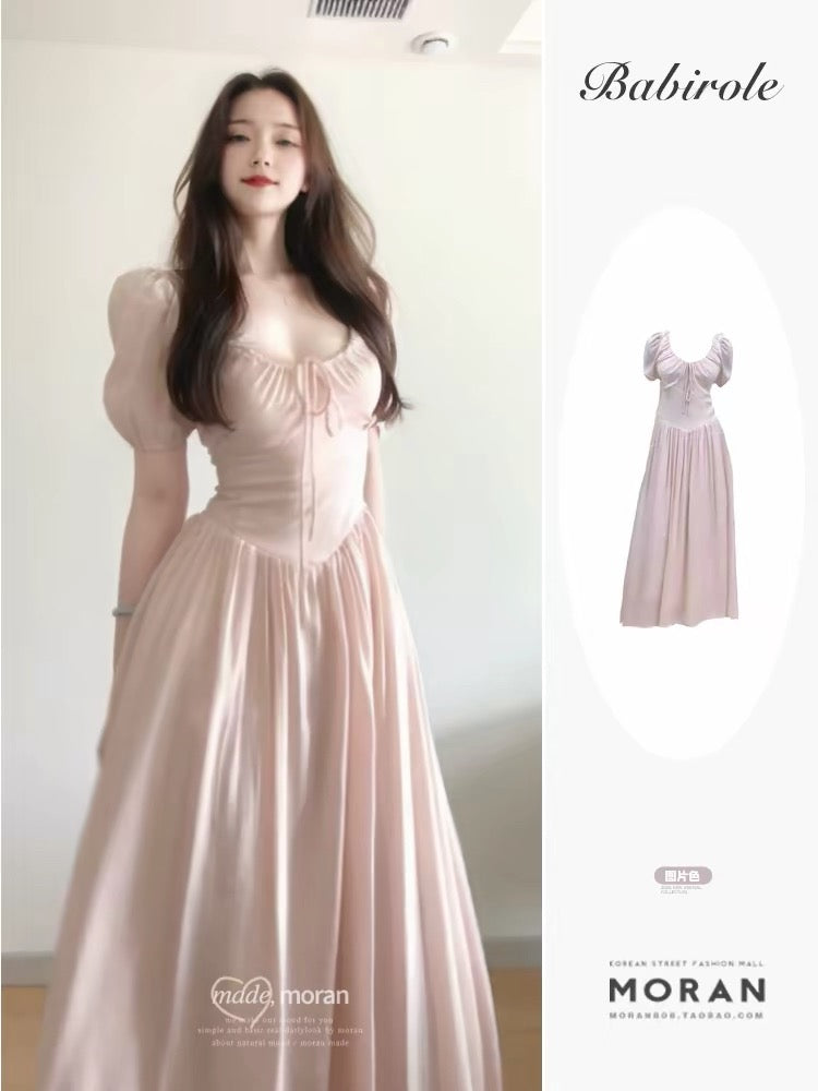 French-style gentle pink dress for women, summer 2025 new style, youthful and beautiful, elegant and pure long dress for petite women.