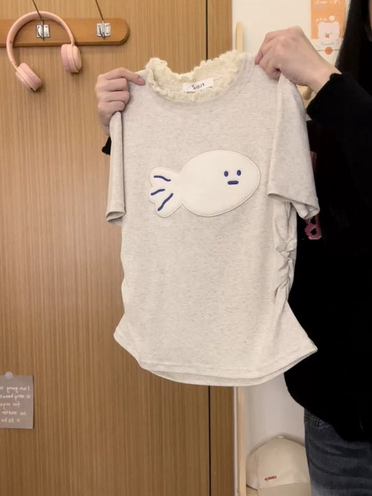 Creamy Universe Cartoon flocked fish right shoulder waistless short-sleeved T-shirt for women Japanese sweet girl style short top