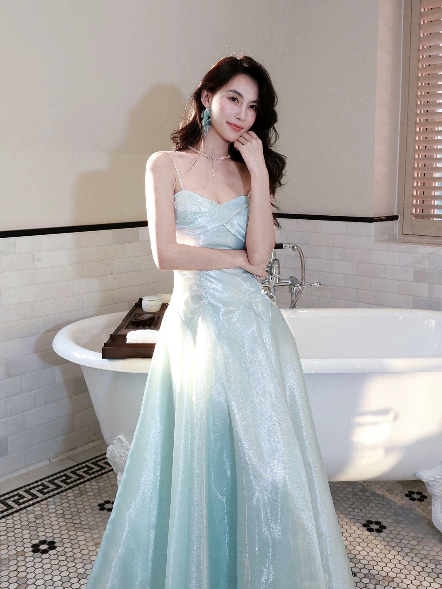 Good Job: 【Coastal Waves】French Chic Blue Spaghetti Strap Waist Fitted Full Skirt Dress for Women's Daywear