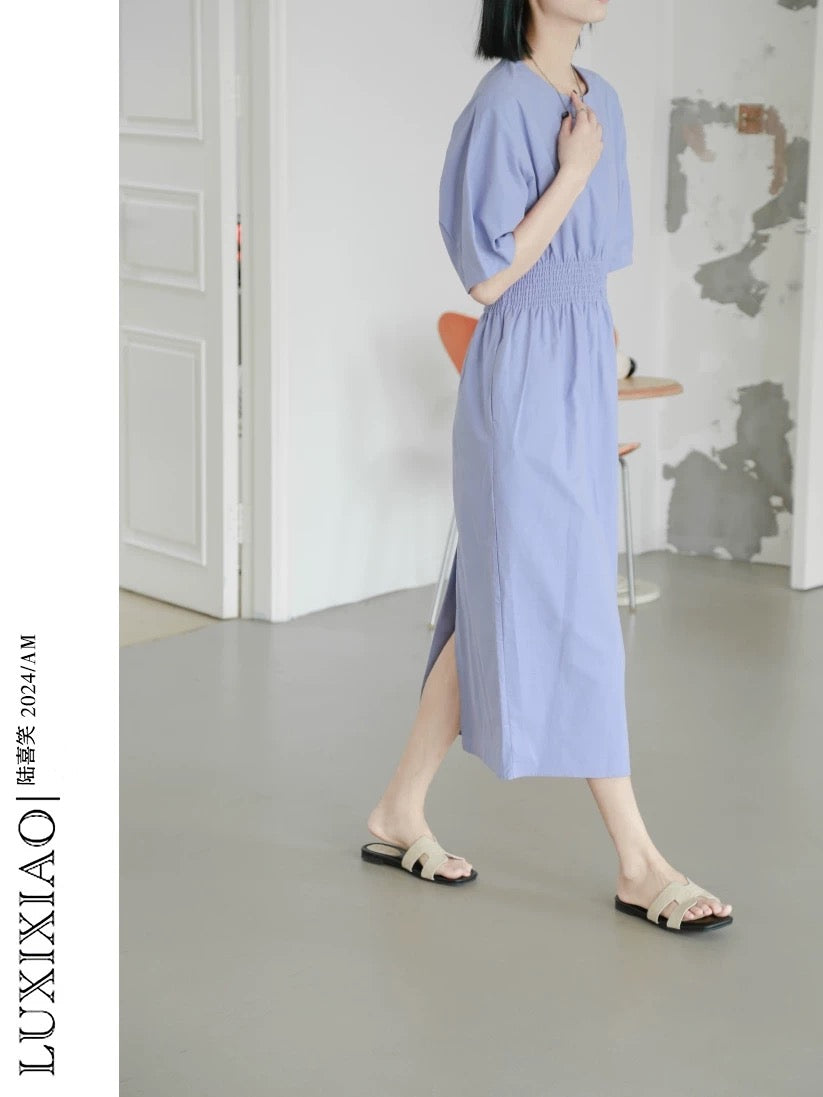 LUXIXIAO dress 2025 new style waist slit design Korean version short-sleeved round neck medium-length A-line skirt