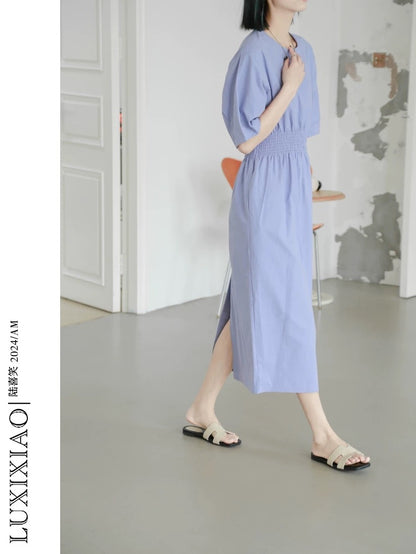 LUXIXIAO dress 2025 new style waist slit design Korean version short-sleeved round neck medium-length A-line skirt