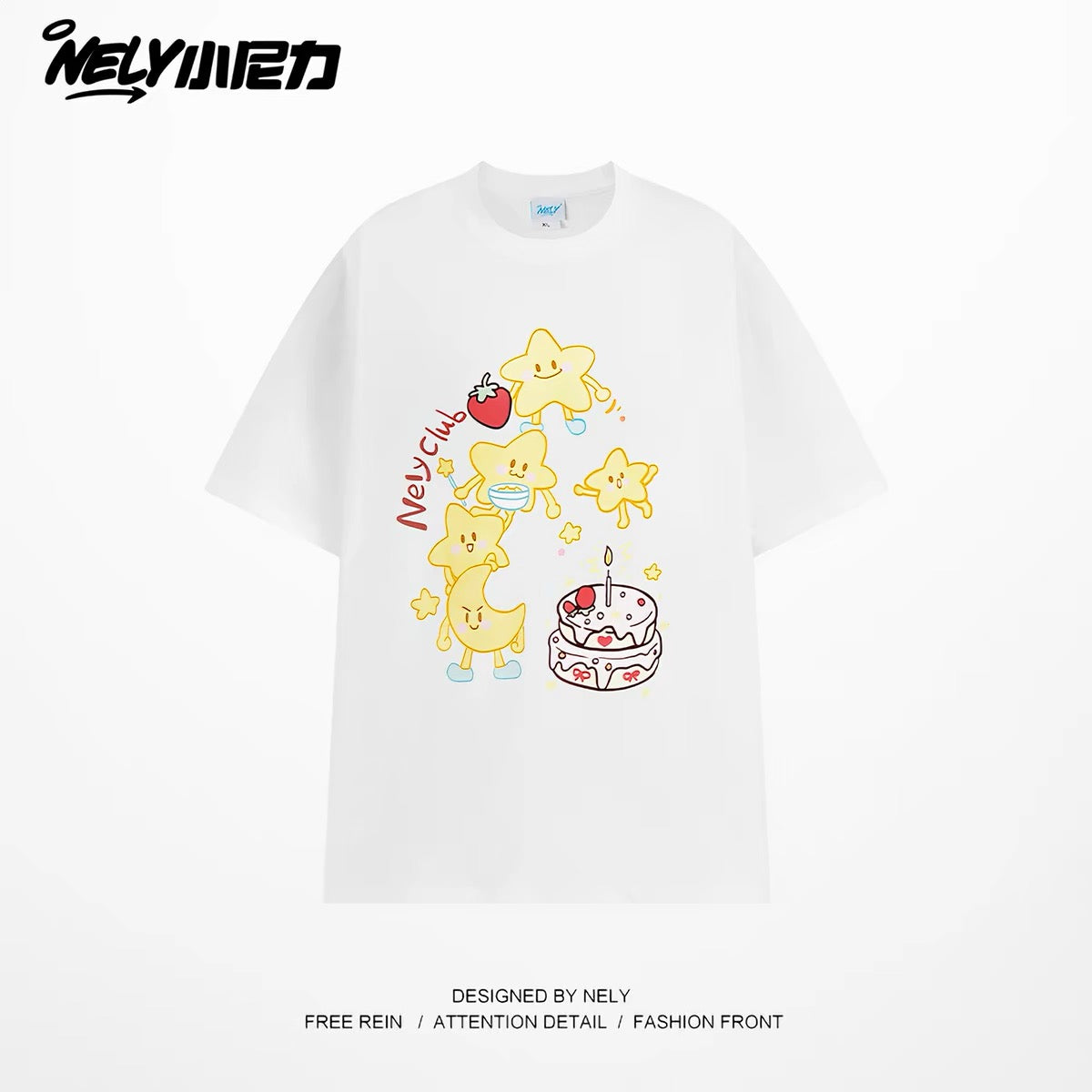 Women's Summer Loose-Fit Short-Sleeve T-Shirt – Sweet Japanese Style with Cartoon Print (Star Cake) – Cute, Girlish Aesthetic