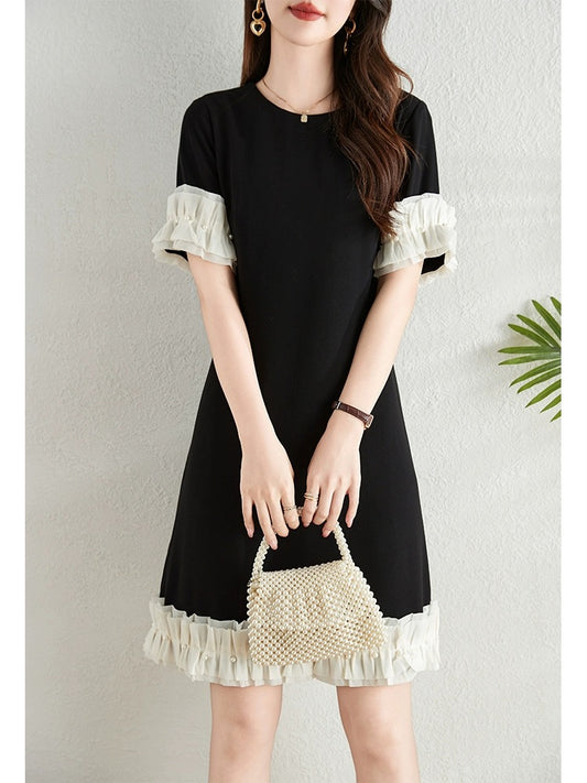 French contrasting color small fragrant dress for women summer 2024 new style splicing design elegant temperament slim a-line skirt
