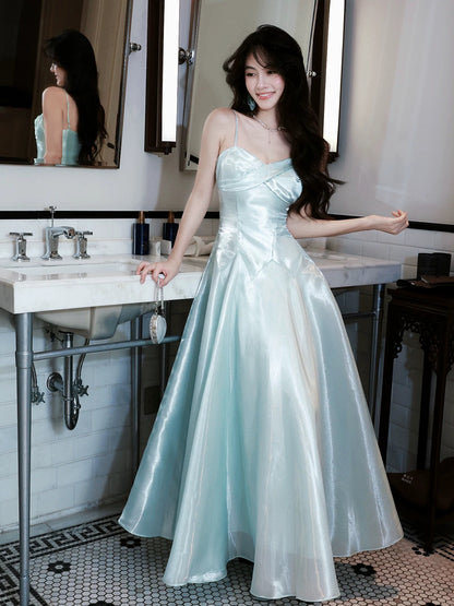 Good Job: 【Coastal Waves】French Chic Blue Spaghetti Strap Waist Fitted Full Skirt Dress for Women's Daywear