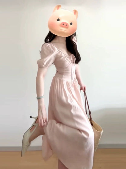 French-style gentle pink dress for women, summer 2025 new style, youthful and beautiful, elegant and pure long dress for petite women.