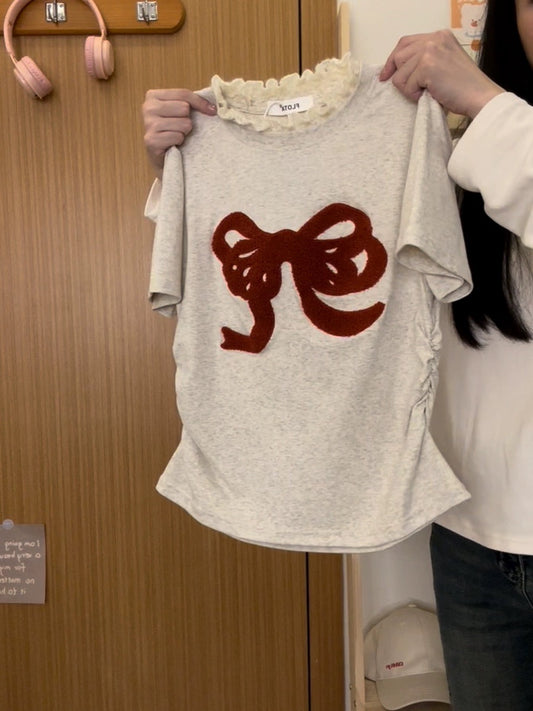 Cream Universe flocked bow lace front shoulder short-sleeved T-shirt female sweet girl non-waist short top new style