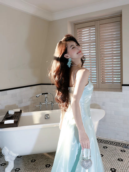 Good Job: 【Coastal Waves】French Chic Blue Spaghetti Strap Waist Fitted Full Skirt Dress for Women's Daywear