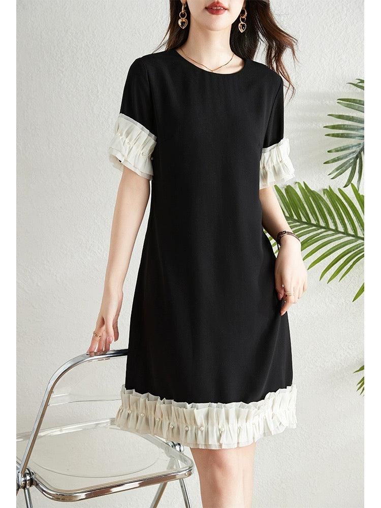 French contrasting color small fragrant dress for women summer 2024 new style splicing design elegant temperament slim a-line skirt