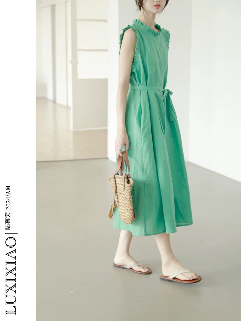 LUXIXIAO dress 2025 new round neck earrings design vest dress Korean style waist sleeveless long skirt