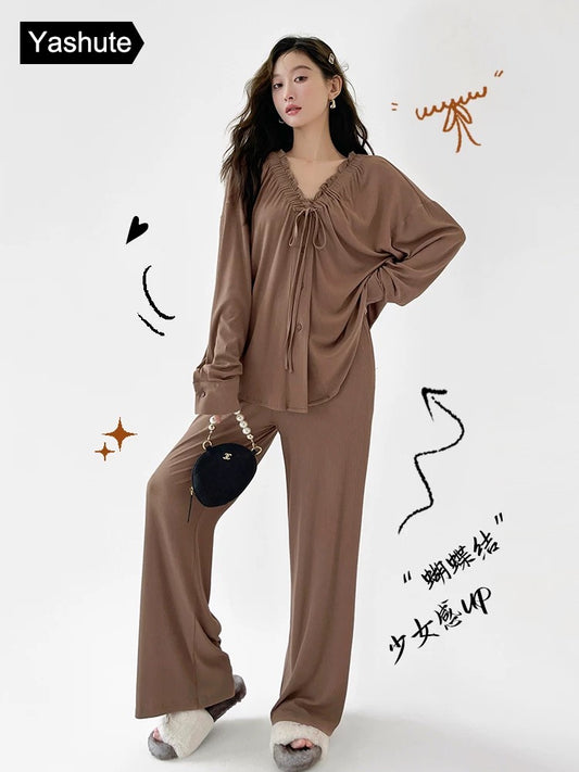 New pajamas for women in spring and autumn, long-sleeved, high-end home clothes, pure lust, age-reducing, casual wearable two-piece suit