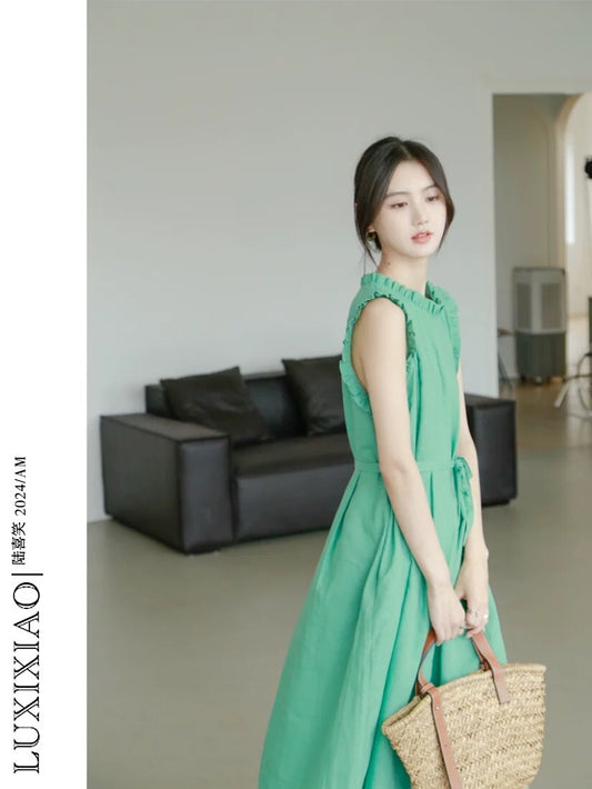 LUXIXIAO dress 2025 new round neck earrings design vest dress Korean style waist sleeveless long skirt