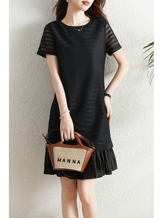 Black striped hollow lace dress women's summer 2024 new loose small black skirt that covers the flesh and looks slimming