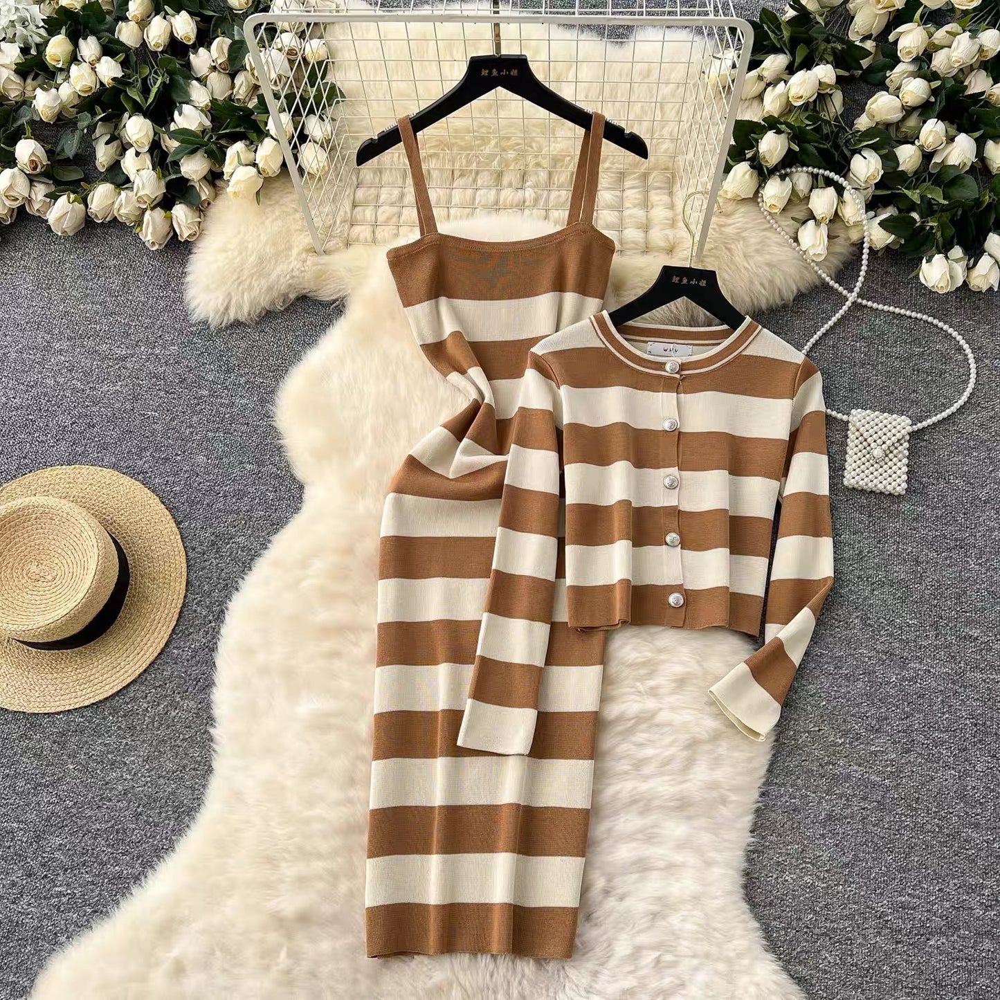Korean chic fashion colorblock round neck long-sleeved striped cardigan jacket + waist slimming suspender knitted dress