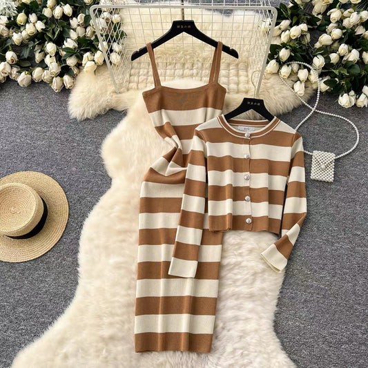 Korean chic fashion colorblock round neck long-sleeved striped cardigan jacket + waist slimming suspender knitted dress