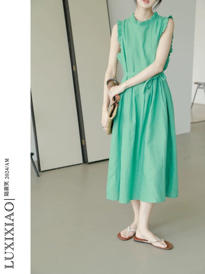 LUXIXIAO dress 2025 new round neck earrings design vest dress Korean style waist sleeveless long skirt