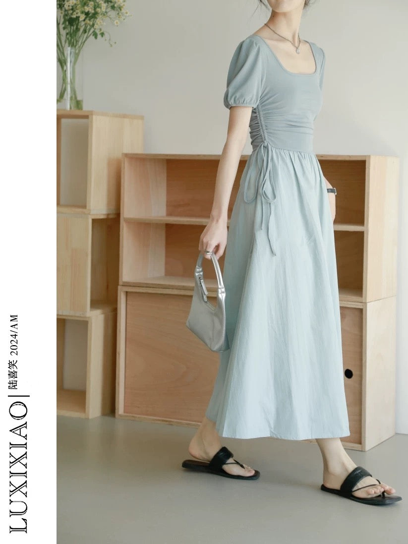 LUXIXIAO dress 2025 new style puff sleeves slim drawstring design square collar A-line long skirt female Korean version