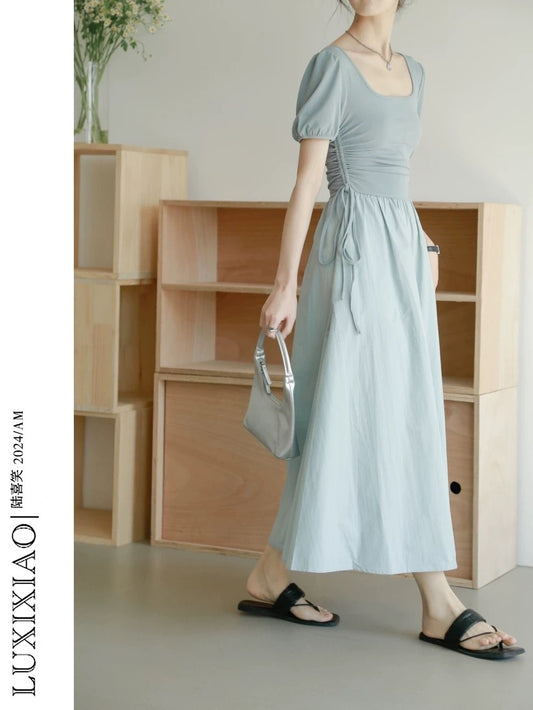 LUXIXIAO dress 2025 new style puff sleeves slim drawstring design square collar A-line long skirt female Korean version