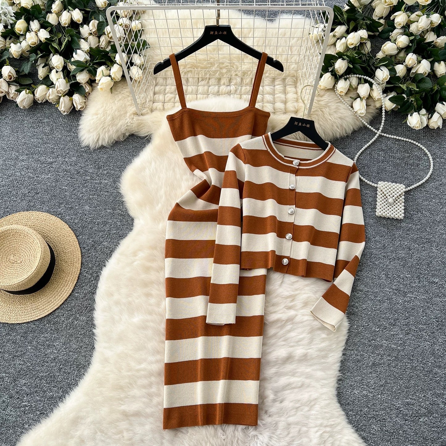 Korean chic fashion colorblock round neck long-sleeved striped cardigan jacket + waist slimming suspender knitted dress