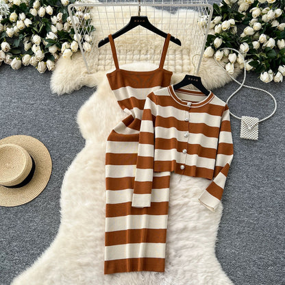 Korean chic fashion colorblock round neck long-sleeved striped cardigan jacket + waist slimming suspender knitted dress