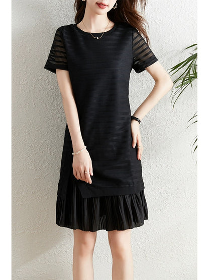 Black striped hollow lace dress women's summer 2024 new loose small black skirt that covers the flesh and looks slimming