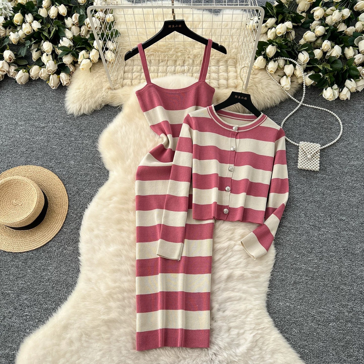 Korean chic fashion colorblock round neck long-sleeved striped cardigan jacket + waist slimming suspender knitted dress
