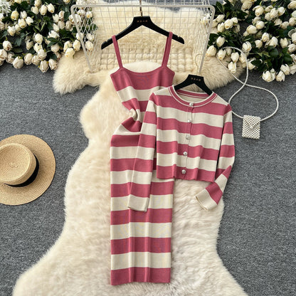 Korean chic fashion colorblock round neck long-sleeved striped cardigan jacket + waist slimming suspender knitted dress
