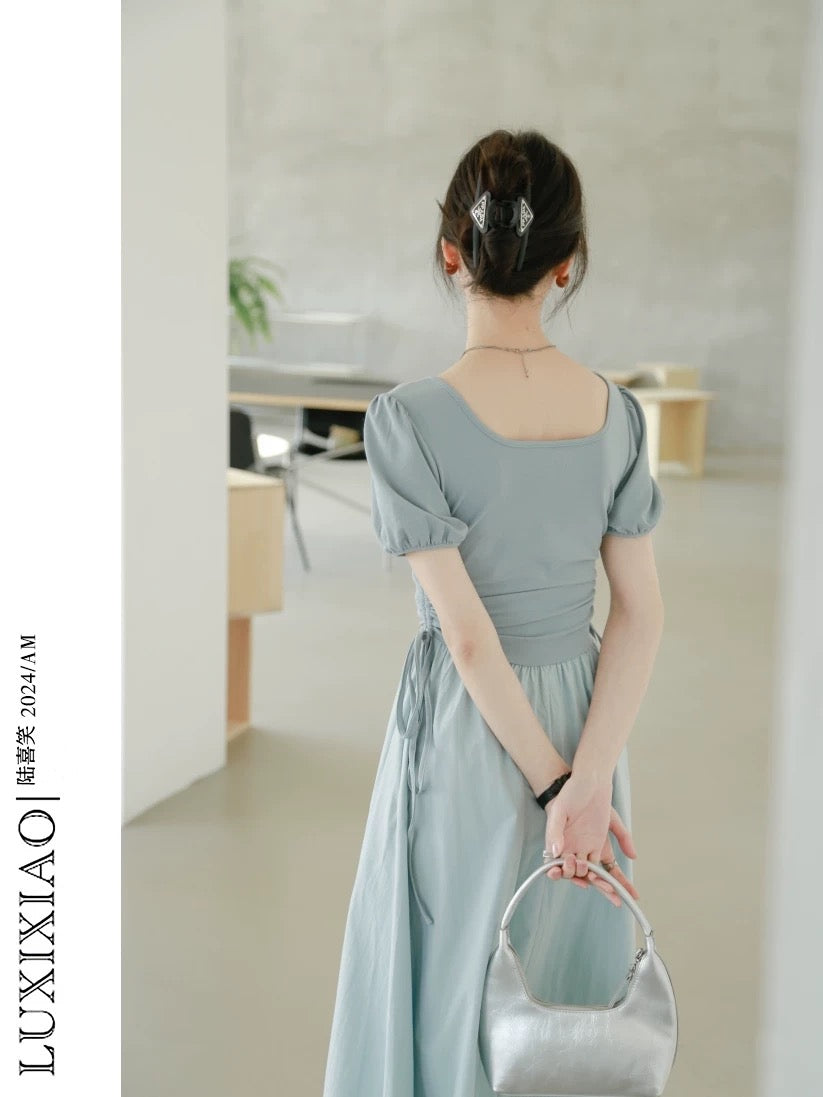 LUXIXIAO dress 2025 new style puff sleeves slim drawstring design square collar A-line long skirt female Korean version