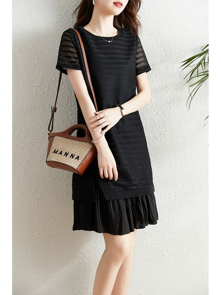Black striped hollow lace dress women's summer 2024 new loose small black skirt that covers the flesh and looks slimming