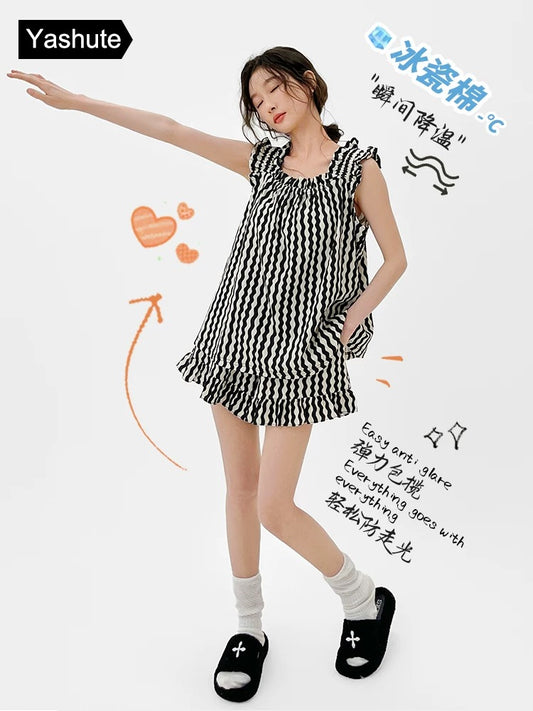 Pajamas for women, cool cotton suspenders two-piece set, summer thin home clothes, can be worn outside, high-end vest home clothes set