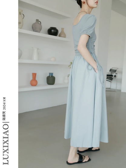 LUXIXIAO dress 2025 new style puff sleeves slim drawstring design square collar A-line long skirt female Korean version