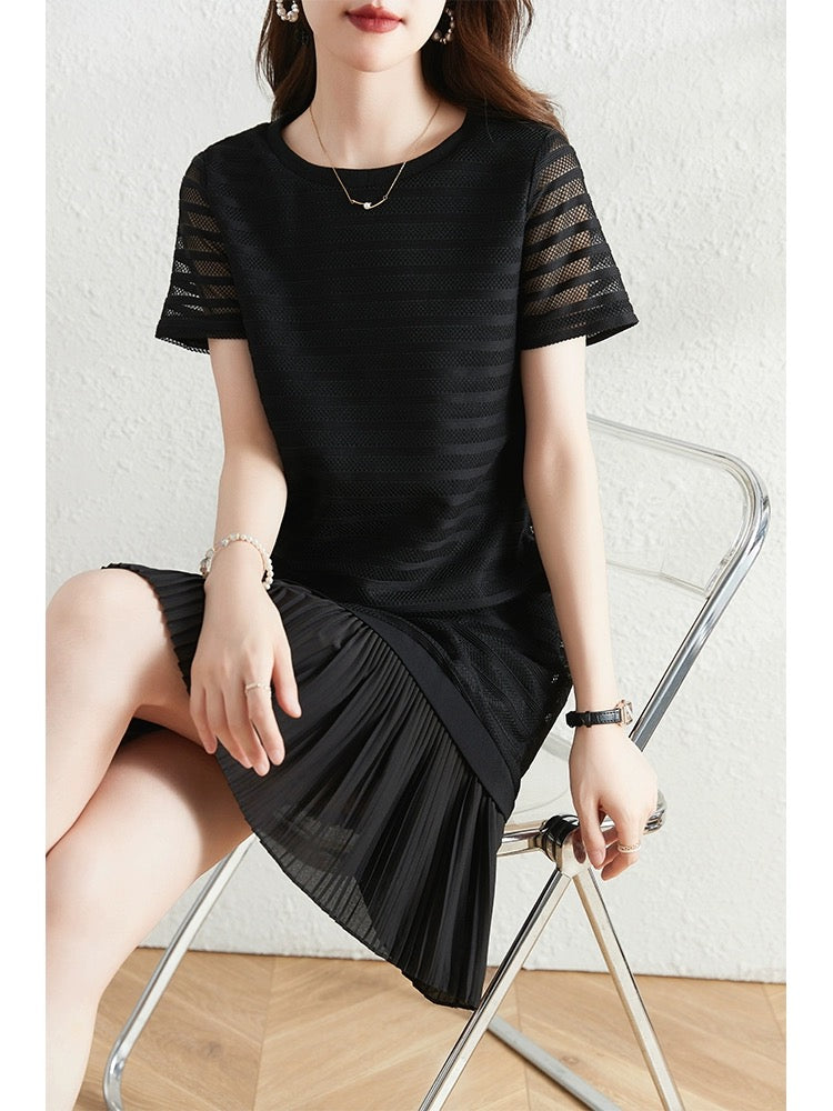 Black striped hollow lace dress women's summer 2024 new loose small black skirt that covers the flesh and looks slimming