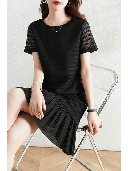 Black striped hollow lace dress women's summer 2024 new loose small black skirt that covers the flesh and looks slimming