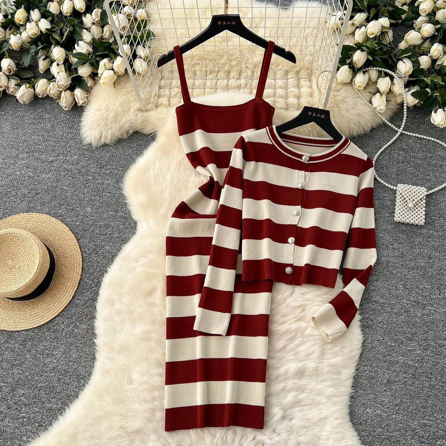 Korean chic fashion colorblock round neck long-sleeved striped cardigan jacket + waist slimming suspender knitted dress