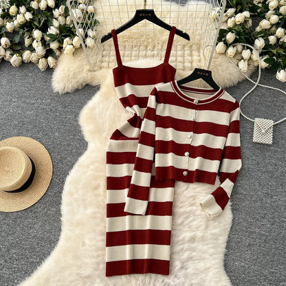 Korean chic fashion colorblock round neck long-sleeved striped cardigan jacket + waist slimming suspender knitted dress