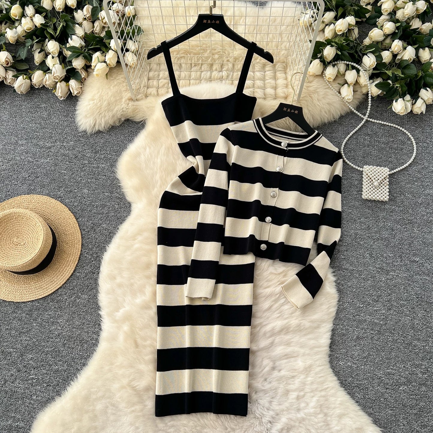 Korean chic fashion colorblock round neck long-sleeved striped cardigan jacket + waist slimming suspender knitted dress