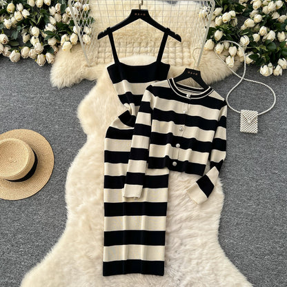 Korean chic fashion colorblock round neck long-sleeved striped cardigan jacket + waist slimming suspender knitted dress