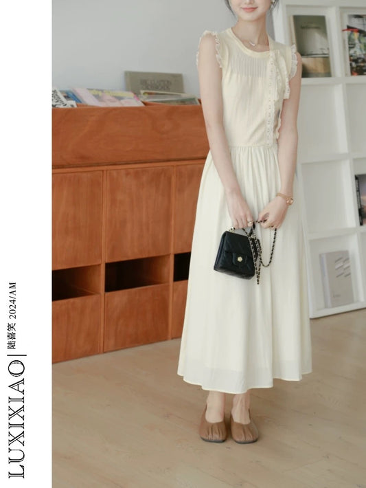 LUXIXIAO dress 2025 new style sleeveless bow design pullover round neck A-line long dress female Korean version