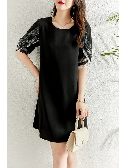 Fashionable splicing lace dress for women summer 2024 new fat mm belly-covering slimming casual straight little black dress